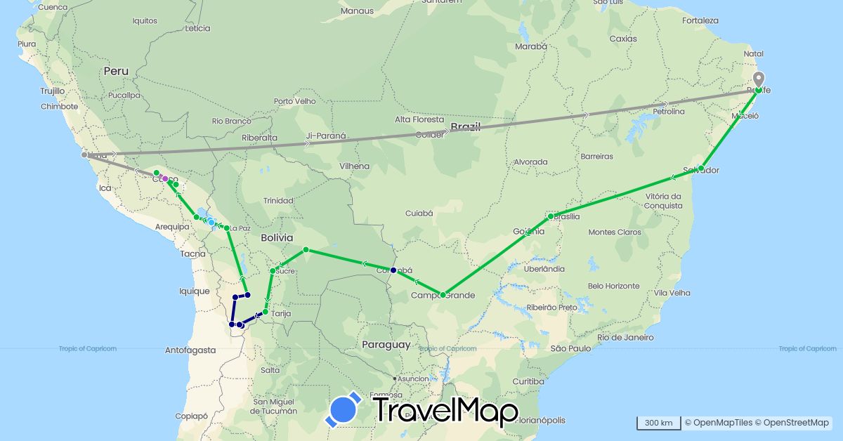 TravelMap itinerary: driving, bus, plane, train, boat in Bolivia, Brazil, Peru (South America)